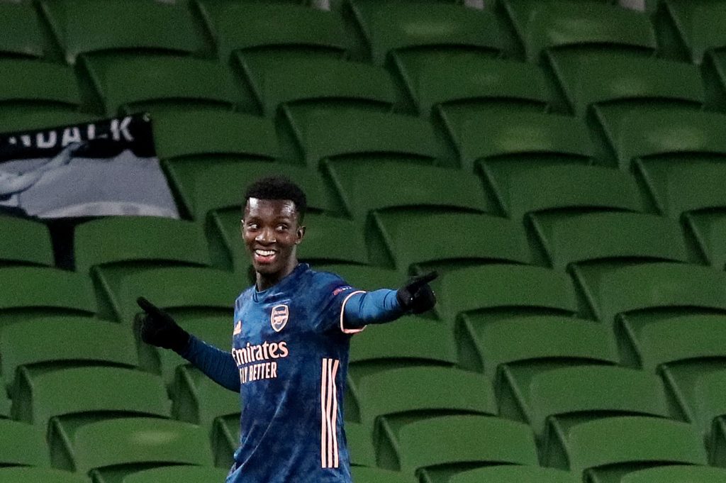 Arsenal's English striker Eddie Nketiah celebrates after he scores his team's first goal during the UEFA Europa League 1st round Group B football match between Dundalk and Arsenal at Aviva Stadium in Dublin, Ireland on December 10, 2020. (Photo by Paul Faith / AFP)