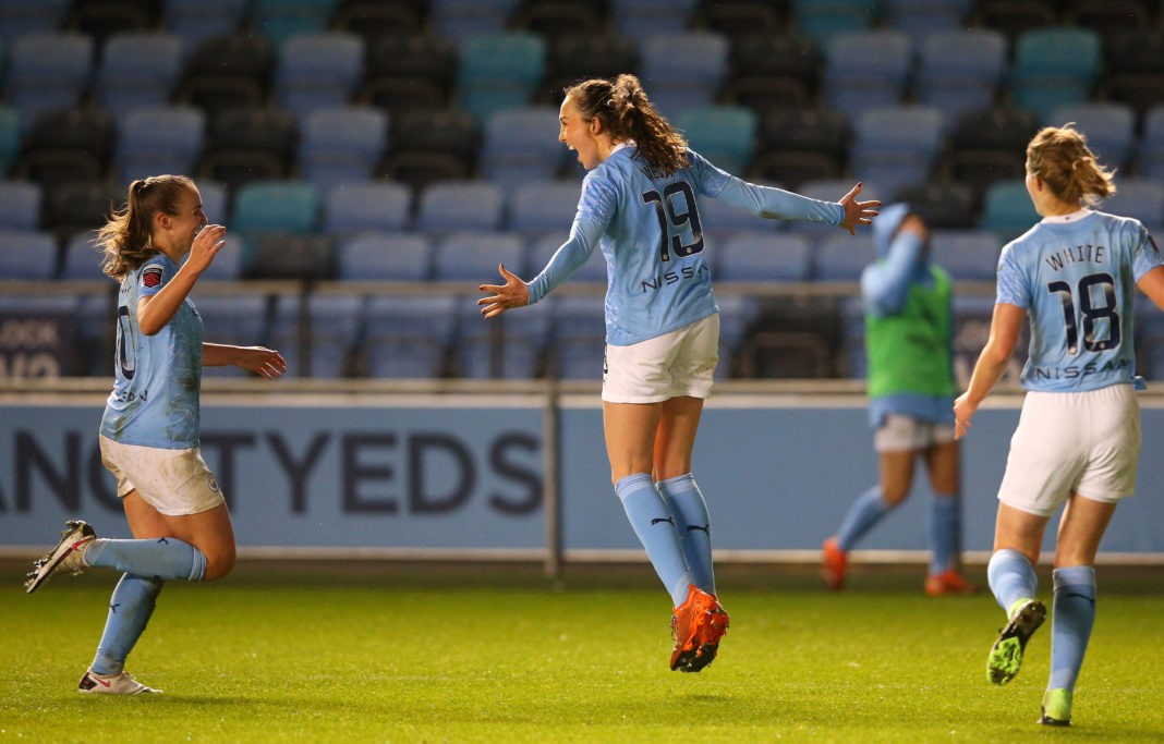 MANCHESTER, ENGLAND - DECEMBER 13: Caroline Weir of Manchester City celebrates with Georgia Stanway after scoring their team's second goal during the Barclays FA Women's Super League match between Manchester City Women and Arsenal Women at Manchester City Football Academy on December 13, 2020 in Manchester, England. The match will be played without fans, behind closed doors as a Covid-19 precaution. (Photo by Alex Livesey/Getty Images)