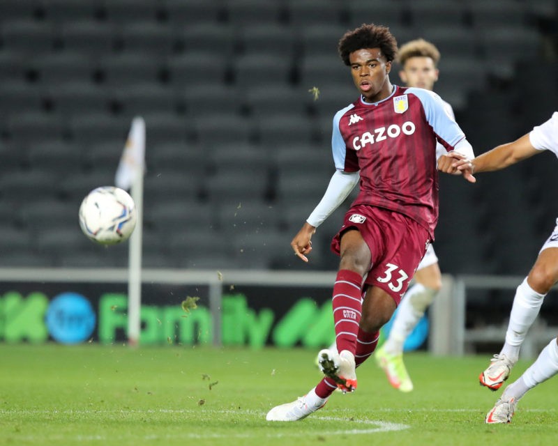 MILTON KEYNES, ENGLAND - OCTOBER 26: Carney Chukwuemeka of Aston Villa U21 in action during the Papa John Trophy match between Milton Keynes Dons and Aston Villa U21 at Stadium mk on October 26, 2021 in Milton Keynes, England.  (Photo by Pete Norton/Getty Images)