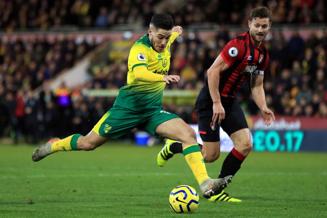 NORWICH, ENGLAND: Emi Buendia of Norwich City shoots during the Premier League match between Norwich City and AFC Bournemouth at Carrow Road on January 18, 2020. (Photo by Stephen Pond/Getty Images)