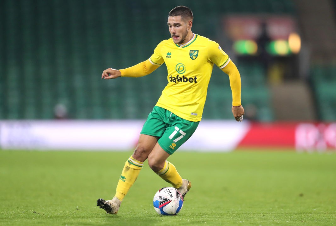 NORWICH, ENGLAND: Emi Buendia of Norwich City runs with the ball during the Sky Bet Championship match between Norwich City and Birmingham City at Carrow Road on October 20, 2020. (Photo by James Chance/Getty Images)