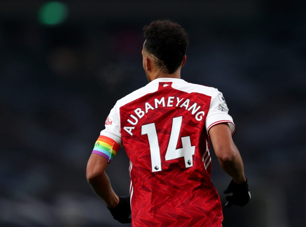 LONDON, ENGLAND - DECEMBER 06: Pierre-Emerick Aubameyang of Arsenal whilst wearing a rainbow coloured captain's armband in support of the Stonewall Rainbow Laces campaign during the Premier League match between Tottenham Hotspur and Arsenal at Tottenham Hotspur Stadium on December 06, 2020 in London, England. A limited number of fans are welcomed back to stadiums to watch elite football across England. This was following easing of restrictions on spectators in tiers one and two areas only. (Photo by Catherine Ivill/Getty Images)