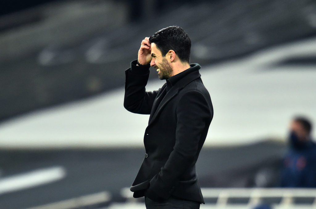 LONDON, ENGLAND - DECEMBER 06: Mikel Arteta, Manager of Arsenal reacts during the Premier League match between Tottenham Hotspur and Arsenal at Tottenham Hotspur Stadium on December 06, 2020 in London, England. A limited number of fans (2000) are welcomed back to stadiums to watch elite football across England. This was following easing of restrictions on spectators in tiers one and two areas only. (Photo by Glyn Kirk - Pool/Getty Images)