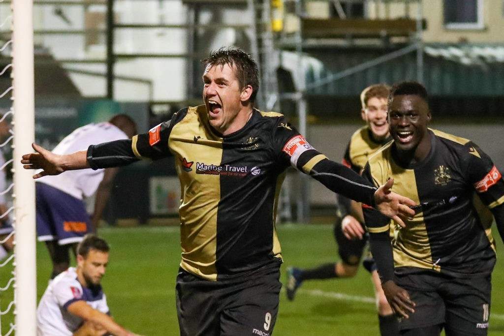 Marine forward Niall Cummins celebrates after scoring the winner during the The FA Cup match between Marine and Havant & Waterlooville FC at Marine Travel Arena, Great Crosby, United Kingdom on 29 November 2020. Copyright: Kevin Warburton