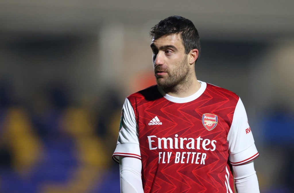 WIMBLEDON, ENGLAND: Sokratis Papastathopoulos of Arsenal FC looks on during the Papa John's Trophy Second Round match between AFC Wimbledon and Arsenal U21 at Plough Lane on December 08, 2020. (Photo by James Chance/Getty Images)