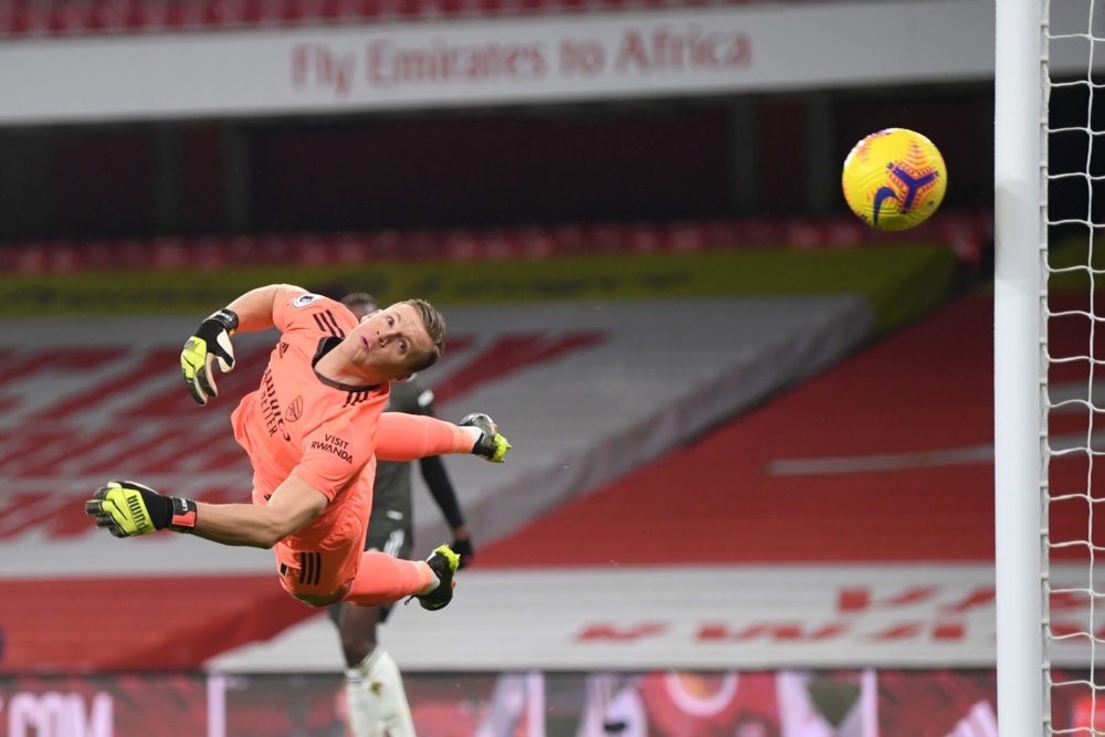 LONDON, ENGLAND: Bernd Leno of Arsenal looks on after he makes a save during the Premier League match between Arsenal and Manchester United at Emirates Stadium on January 30, 2021. (Photo by Shaun Botterill/Getty Images)