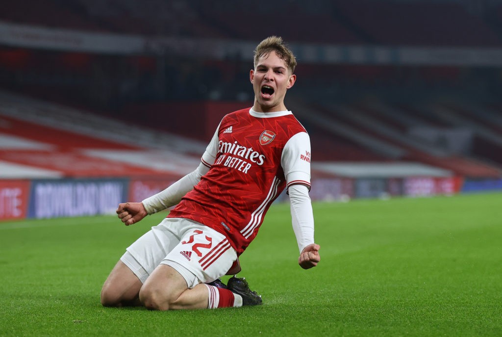 LONDON, ENGLAND - JANUARY 09: Emile Smith Rowe of Arsenal celebrates after scoring their sides first goal during the FA Cup Third Round match between Arsenal and Newcastle United at Emirates Stadium on January 09, 2021 in London, England. The match will be played without fans, behind closed doors as a Covid-19 precaution. (Photo by Julian Finney/Getty Images)