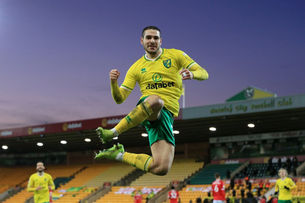 NORWICH, ENGLAND: Emi Buendia of Norwich City celebrates after scoring their team's first goal during the Sky Bet Championship match between Norwich City and Barnsley at Carrow Road on January 02, 2021. (Photo by Stephen Pond/Getty Images)