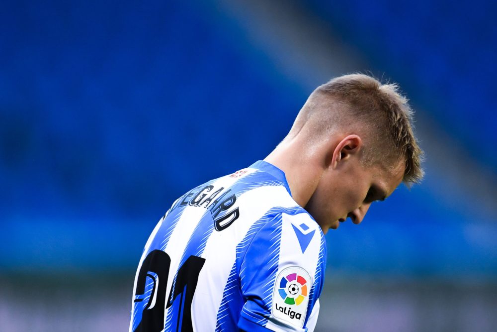 SAN SEBASTIAN, SPAIN - JULY 02: Martin Odegaard of Real Sociedad looks on during the Liga match between Real Sociedad and RCD Espanyol at Reale Arena on July 02, 2020 in San Sebastian, Spain.  (Photo by David Ramos/Getty Images)