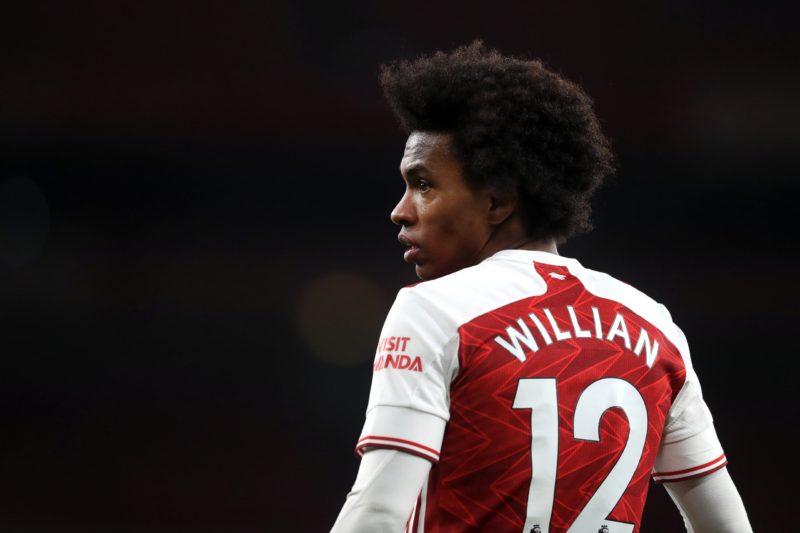 LONDON, ENGLAND - FEBRUARY 14: Willian of Arsenal looks on during the Premier League match between Arsenal and Leeds United at Emirates Stadium on February 14, 2021 in London, England. Sporting stadiums around the UK remain under strict restrictions due to the Coronavirus Pandemic as Government social distancing laws prohibit fans inside venues resulting in games being played behind closed doors. (Photo by Adam Davy - Pool/Getty Images)