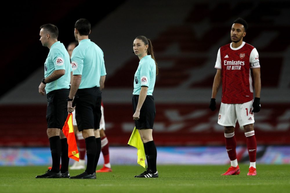 LONDON, ENGLAND - DECEMBER 16: Assistant referee Sian Massey-Ellis with referee Paul Tierney during the Premier League match between Arsenal and Southampton at Emirates Stadium on December 16, 2020 in London, England. The match will be played without fans, behind closed doors as a Covid-19 precaution. (Photo by Adrian Dennis - Pool/Getty Images)