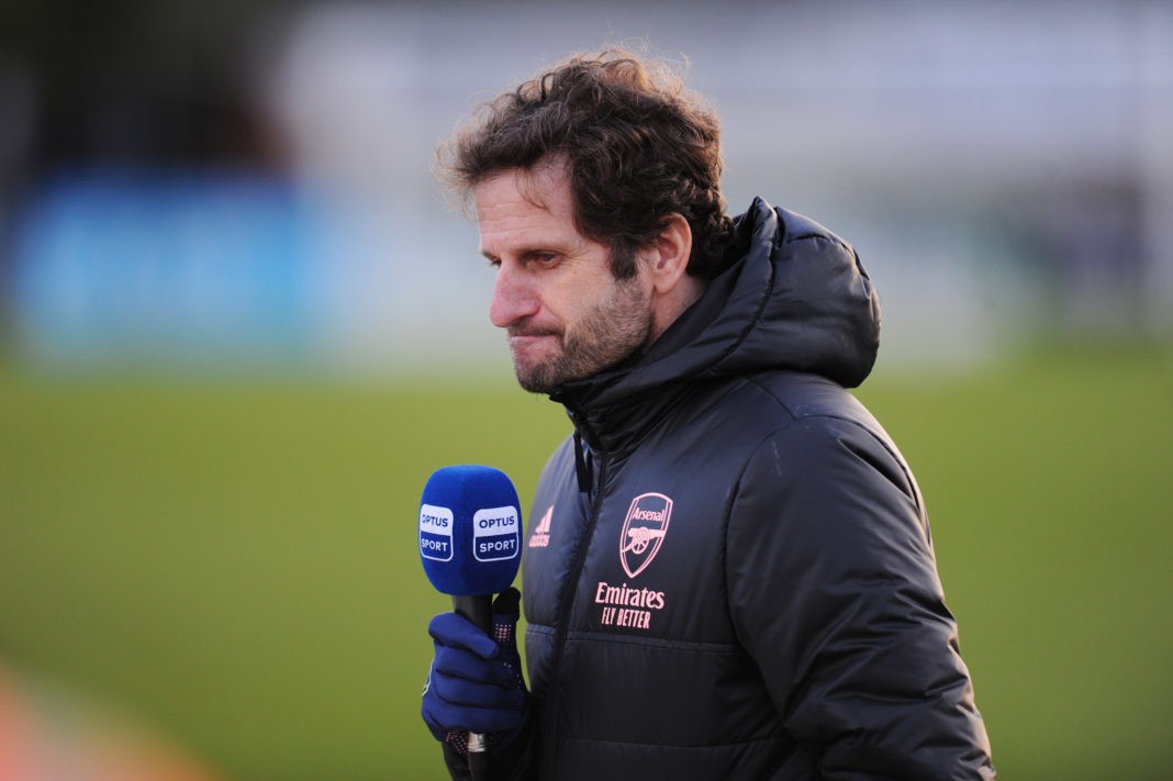 BOREHAMWOOD, ENGLAND - DECEMBER 20: Joe Montemurro, Manager of Arsenal speaks to the media pitchside after the Barclays FA Women's Super League match between Arsenal Women and Everton Women at Meadow Park on December 20, 2020 in Borehamwood, England. The match will be played without fans, behind closed doors as a Covid-19 precaution. (Photo by Alex Burstow/Getty Images)