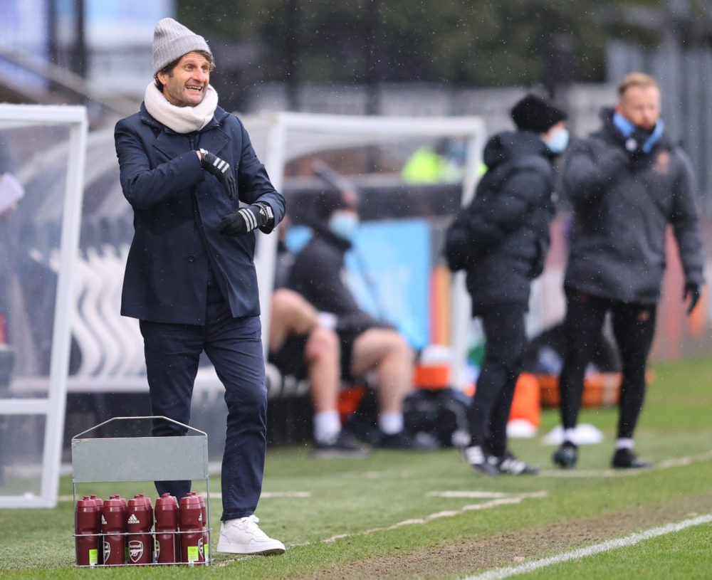 BOREHAMWOOD, ENGLAND - FEBRUARY 07: Joe Montemurro, Manager of Arsenal reacts during the Barclays FA Women's Super League match between Arsenal Women and Manchester City Women at Meadow Park on February 07, 2021 in Borehamwood, England. Sporting stadiums around the UK remain under strict restrictions due to the Coronavirus Pandemic as Government social distancing laws prohibit fans inside venues resulting in games being played behind closed doors. (Photo by Richard Heathcote/Getty Images)