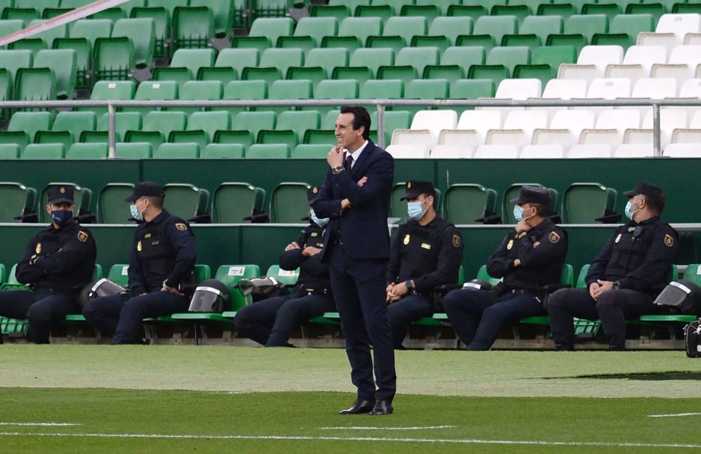 Villarreal's Spanish coach Unai Emery gestures during the Spanish league football match between Real Betis and Villarreal CF at the Benito Villamarin stadium in Seville on December 13, 2020. (Photo by CRISTINA QUICLER / AFP) (Photo by CRISTINA QUICLER/AFP via Getty Images)