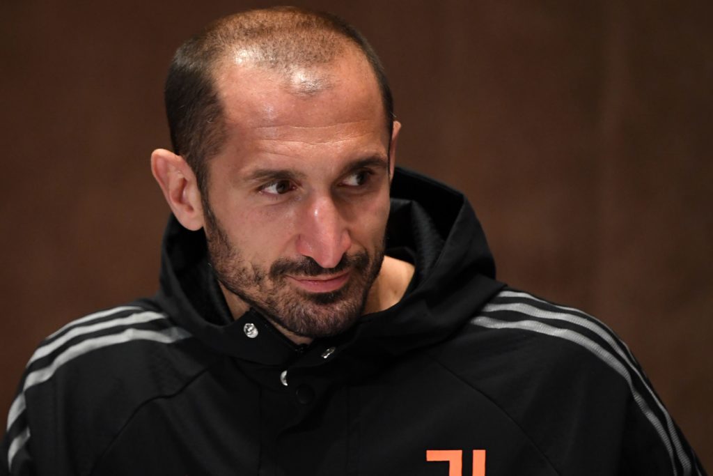 Juventus' Italian defender Giorgio Chiellini attends a press conference at the Olympiyskiy stadium in Kiev on October 19, 2020. (Photo by SERGEI SUPINSKY/AFP via Getty Images)