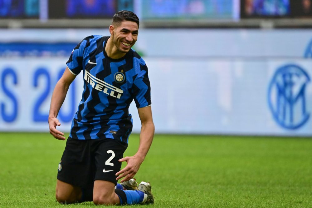 Inter Milan's Moroccan defender Achraf Hakimi celebrates after scoring during the Italian Serie A football match Inter Milan vs Crotone on January 3, 2021 at the Giuseppe-Meazza (San Siro) stadium in Milan. (Photo by MIGUEL MEDINA/AFP via Getty Images)