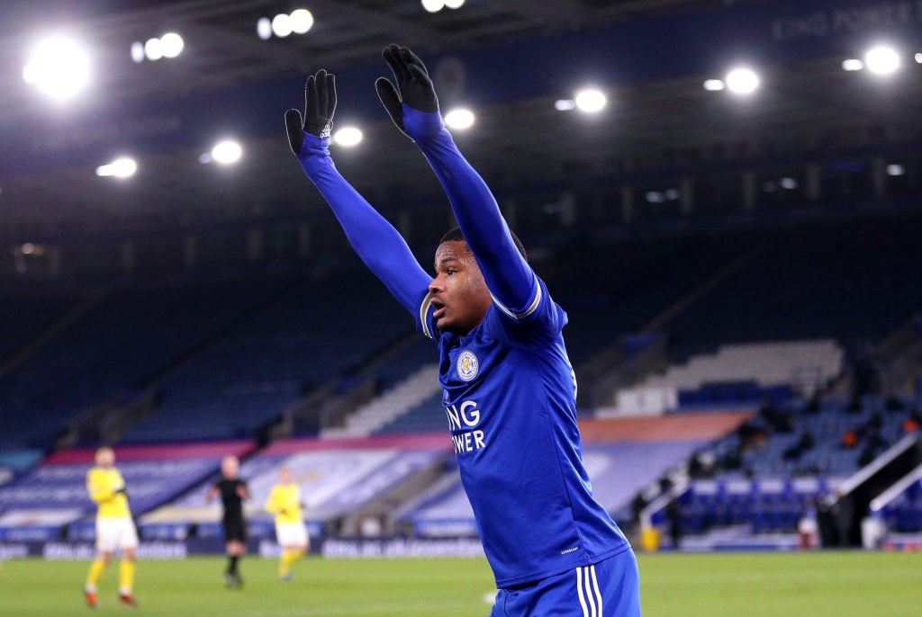 LEICESTER, ENGLAND: Vontae Daley-Campbell of Leicester City reacts during The Emirates FA Cup Fifth Round match between Leicester City and Brighton And Hove Albion at The King Power Stadium on February 10, 2021. (Photo by Alex Pantling/Getty Images)