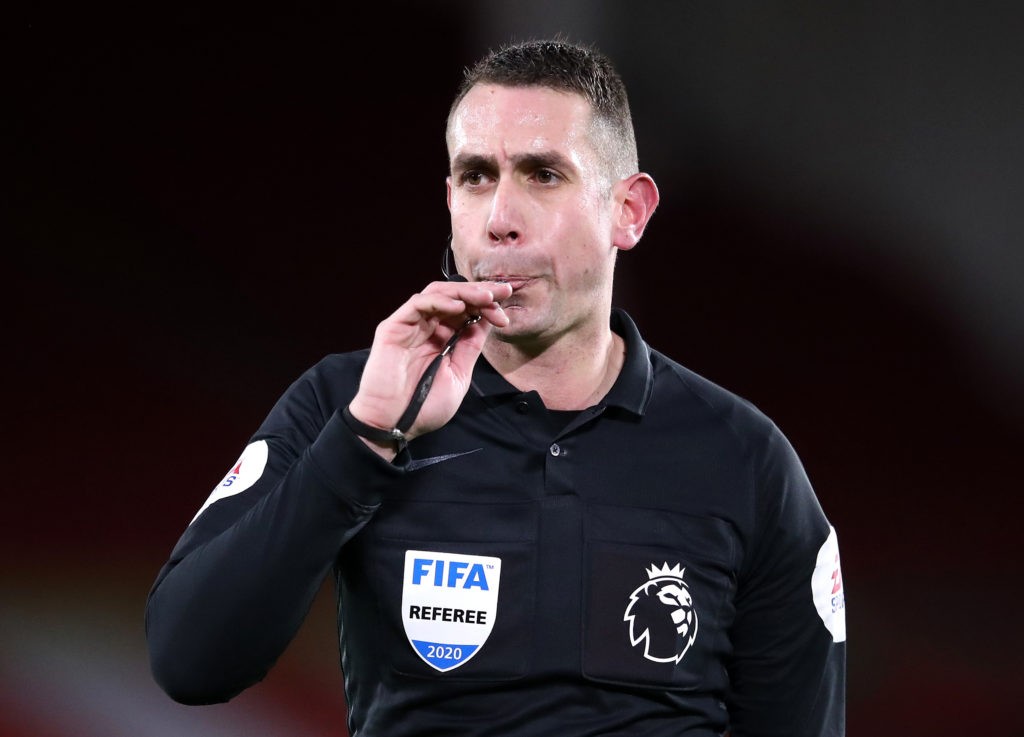 SHEFFIELD, ENGLAND - DECEMBER 26: Referee David Coote makes a decision during the Premier League match between Sheffield United and Everton at Bramall Lane on December 26, 2020 in Sheffield, England. The match will be played without fans, behind closed doors as a Covid-19 precaution. (Photo by Alex Pantling/Getty Images)