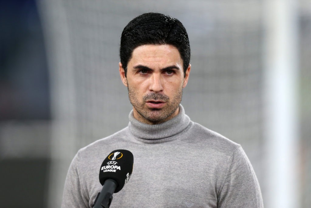 ROME, ITALY - FEBRUARY 18: Mikel Arteta, Manager of Arsenal looks on ahead of the UEFA Europa League Round of 32 match between SL Benfica and Arsenal FC at Stadio Olimpico on February 18, 2021 in Rome, Italy. SL Benfica face Arsenal FC at a neutral venue in Rome behind closed doors after Portugal imposed a ban on travellers arriving from the UK in an effort to prevent the spread of Covid-19 variants. (Photo by Paolo Bruno/Getty Images)