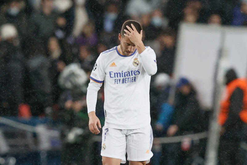 Real's Eden Hazard pictured after a soccer game between French club Paris Saint-Germain and Spanish club Real Madrid, Tuesday 15 February 2022 in Paris, in the round of sisteen (1/8 final) of the UEFA Champions League. (Photo by BRUNO FAHY/BELGA MAG/AFP via Getty Images)