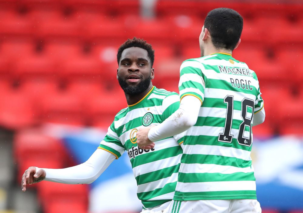 PERTH, SCOTLAND: Odsonne Edouard of Celtic celebrates with teammate Tomas Rogic after scoring their team's second goal during the Ladbrokes Scottish Premiership match between St. Johnstone and Celtic at McDiarmid Park on February 14, 2021. (Photo by Ian MacNicol/Getty Images)