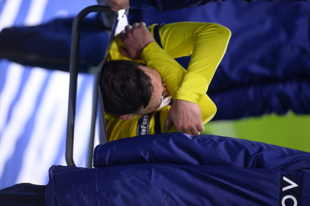 Turkish Super League football match between Fenerbahce and Antalyaspor at Ulker Stadium in Istanbul, Turkey on March 04 , 2021. Pictured: Mesut Ozil has been injured and carried by a stretcher. (Photo via Imago)