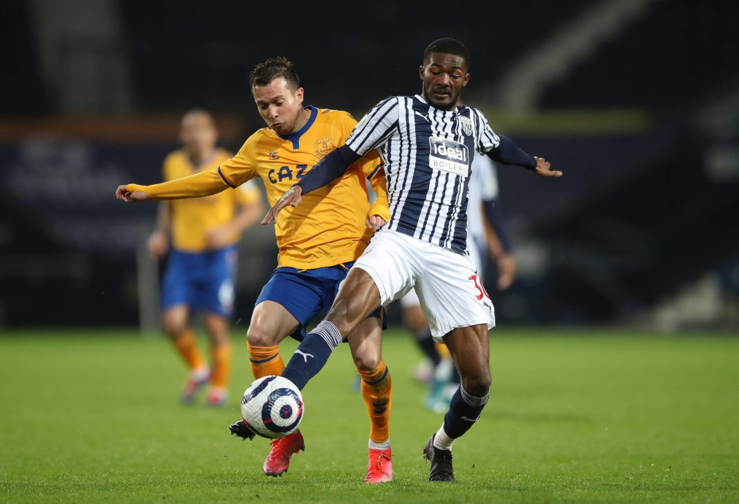West Bromwich Albion v Everton - Premier League - The Hawthorns Everton's Bernard left and West Bromwich Albion's Ainsley Maitland-Niles battle for the ball during the Premier League match at The Hawthorns, West Bromwich. Picture date: Thursday March 4, 2021. Copyright: Nick Potts