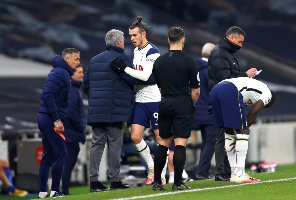 Tottenham Hotspur's Gareth Bale is greeted by manager Jose Mourinho as he leaves the field of play during the Premier League match at the Tottenham Hotspur Stadium, London. Picture date: Sunday March 7, 2021. Copyright: Julian Finney
