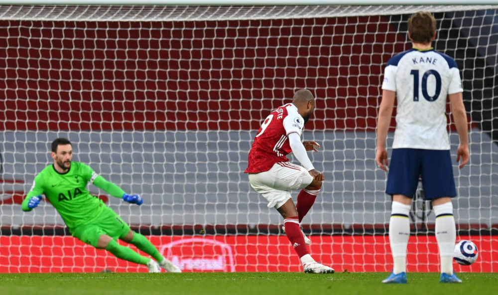 Arsenal v Tottenham Hotspur - Premier League - Emirates Stadium Arsenal s Alexandre Lacazette scores their side s second goal of the game from a penalty during the Premier League match at Emirates Stadium, London. Picture date: Sunday March 14, 2021. Copyright: Dan Mullan