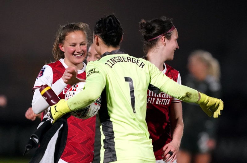 Arsenal v Manchester United, ManU - FA Women s Super League - Meadow Park Arsenal s Malin Gut left and goalkeeper Manuela Zinsberger reacts after the final whistle during the FA Women s Super League match at Meadow Park, Borehamwood. Picture date: Friday March 19, 2021. Copyright: John Walton