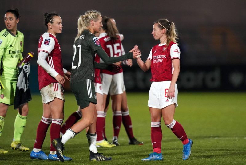 Arsenal v Manchester United, ManU - FA Women s Super League - Meadow Park Manchester United s Millie Turner greets Arsenal's Jordan Nobbs after the final whistle during the FA Women s Super League match at Meadow Park, Borehamwood. Picture date: Friday March 19, 2021. Copyright: John Walton