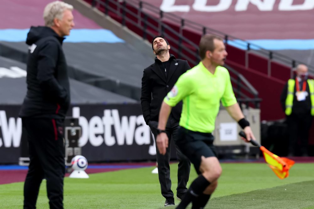 21st March 2021 London Stadium, London, England English Premier League Football, West Ham United versus Arsenal A dejected looking Arsenal Manager Mikel Arteta as the West Ham goal for 3-0 stands in 32nd minute ActionPlus/Shaun Brooks