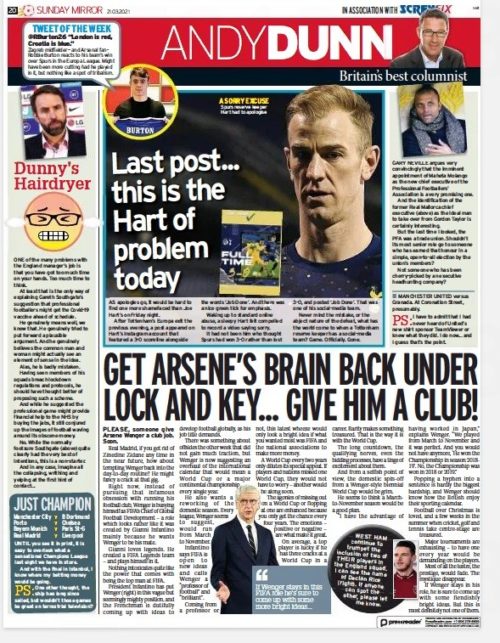 Andy Dunn on Arsene Wenger, Sunday Mirror, 21 March 2021