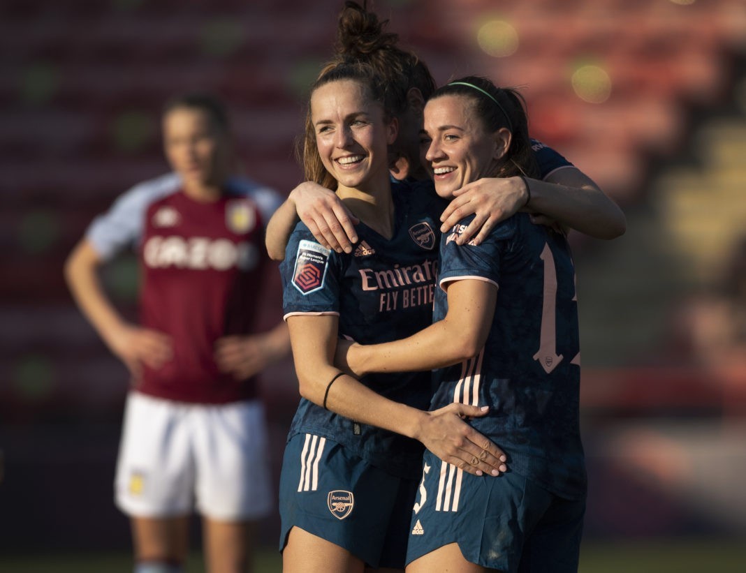 WALSALL, ENGLAND - FEBRUARY 28: Katie McCabe of Arsenal celebrates scoring the third goal with team mates Lia Walti and Jennifer Beattie during the Barclays FA Women's Super League match between Aston Villa Women and Arsenal Women at Banks's Stadium on February 28, 2021 in Walsall, England. Sporting stadiums around the UK remain under strict restrictions due to the Coronavirus Pandemic as Government social distancing laws prohibit fans inside venues resulting in games being played behind closed doors. (Photo by Visionhaus/Getty Images)