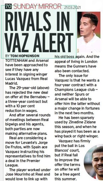 Arsenal and Tottenham approached about Lucas Vazquez, Sunday Mirror 21 March 2021