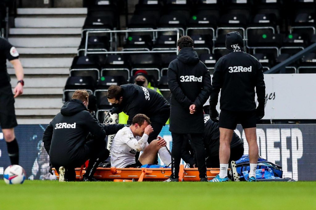 Krystian Bielik of Derby County receives treatment before being stretchered off with a knee injury Derby County v Bristol City, UK - 30 Jan 2021. Copyright: Rogan / JMP / Shutterstock