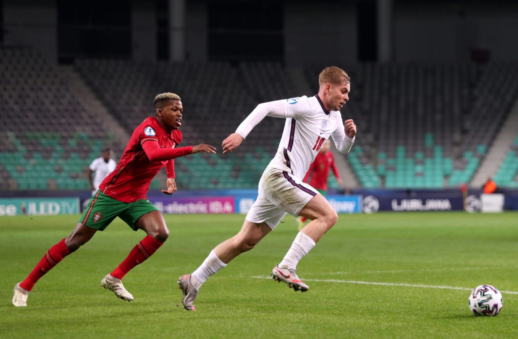 Emile Smith Rowe (right) during the 2021 UEFA European Under-21 Championship group D match at the Stozice Stadium in Ljubljana, Slovenia. Picture date: Sunday, March 28, 2021. Copyright: Luka Stanzl