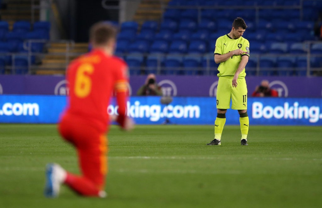 Czech Republic's Ondrej Kudela stands as Wales take the knee during the 2022 FIFA World Cup Qualifying match at Cardiff City Stadium, Wales. Picture date: Tuesday, March 30, 2021. Copyright: Nick Potts