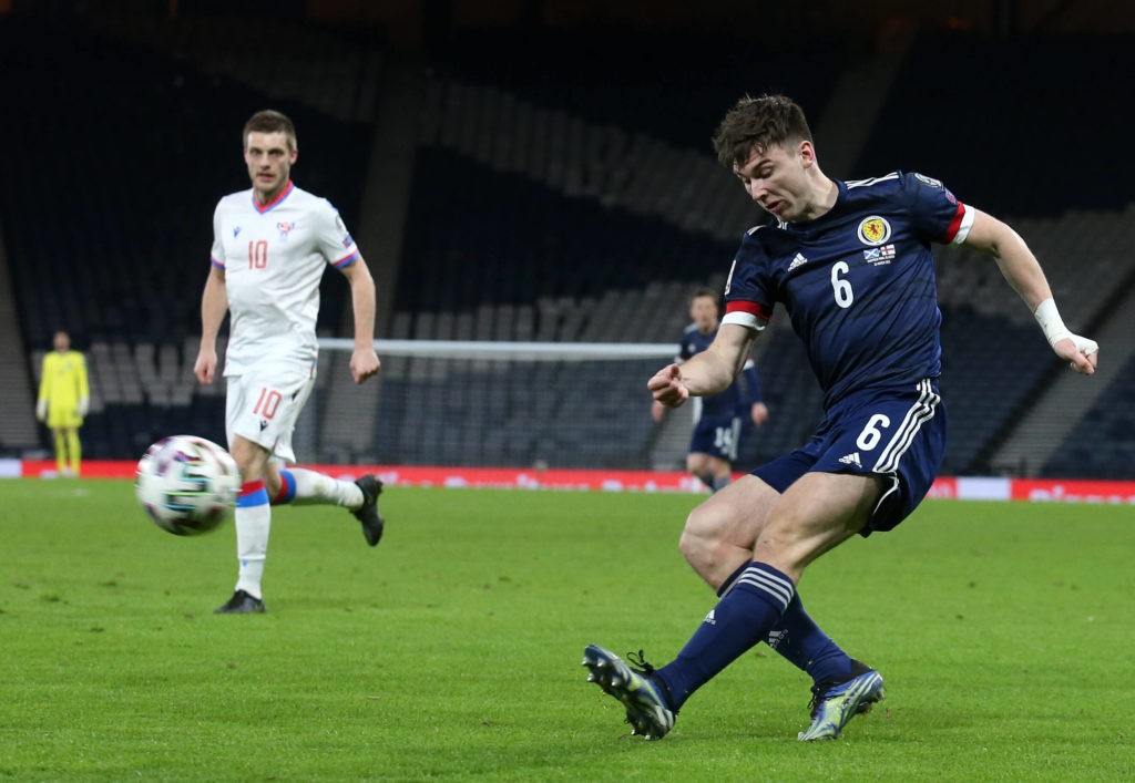 Scotland's Kieran Tierney in action during the 2022 FIFA World Cup Qualifying match at Hampden Park, Glasgow. Picture date: Wednesday, March 31, 2021. Copyright: Andrew Milligan