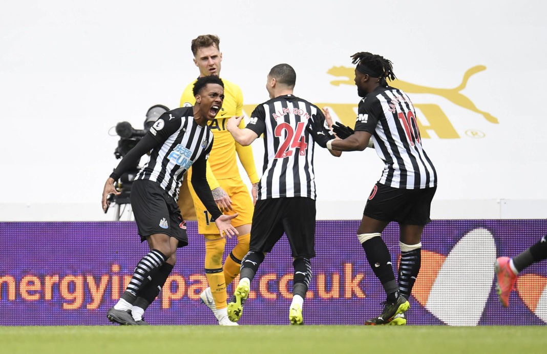Newcastle United's Joe Willock celebrates scoring his side's second goal of the game during the Premier League match against Tottenham Hotspur at St James Park, Newcastle. Picture date: Sunday, April 4, 2021. Copyright: Peter Powell