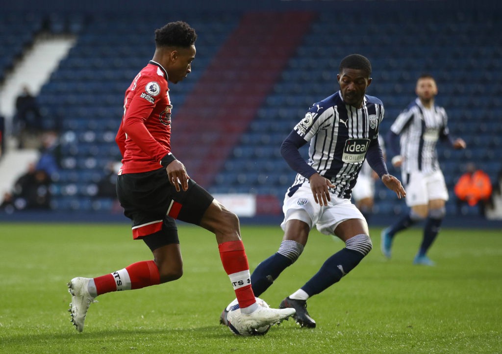 Southampton's Kyle Walker-Peters (left) and West Bromwich Albion's Ainsley Maitland-Niles in action during the Premier League match at The Hawthorns. Picture date: Monday, April 12, 2021. Copyright: Tim Goode