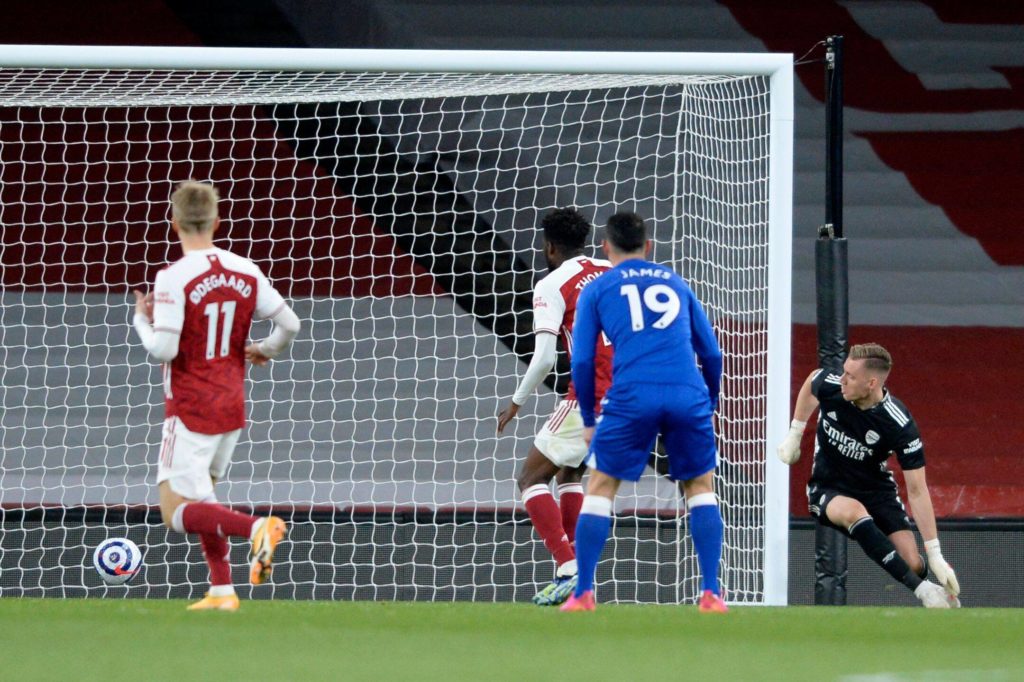 Bernd Leno of Arsenal scores an own goal to put Everton 1-0 up during a Premier League match between Arsenal and Everton at the Emirates Stadium in London - 23rd April 2021. Copyright: Holly Allison / TPI / Shutterstock