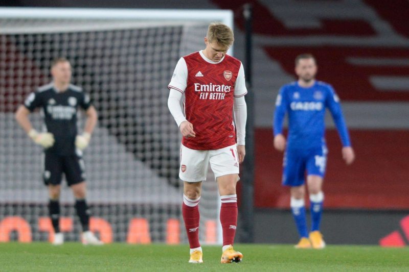 Martin Odegaard of Arsenal reacts to Bernd Lenos own goal during Premier League match between Arsenal and Everton at the Emirates Stadium in London - 23rd April 2021 Arsenal v Everton, Premier League, Football, The Emirates Stadium, London, UK - 23 Apr 2021 Photo by Holly Allison/TPI/Shutterstock