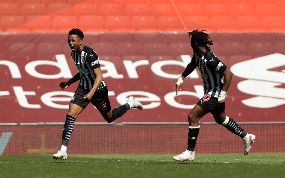 Newcastle United's Joe Willock celebrates scoring his side's first goal of the game during the Premier League match at Anfield, Liverpool. Picture date: Saturday April 24, 2021. Copyright: Clive Brunskill