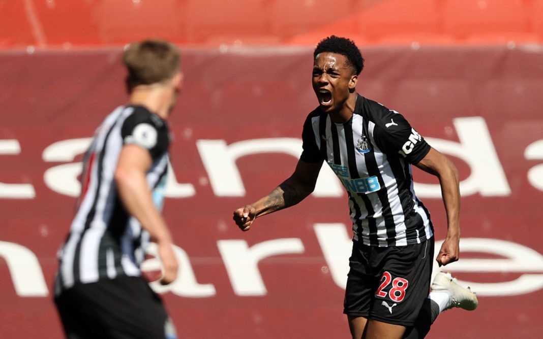 Joe Willock celebrates scoring their side s first goal of the game during the Premier League match at Anfield, Liverpool. Picture date: Saturday April 24, 2021. Copyright: Clive Brunskill 59372629