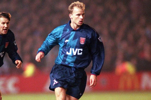 Dennis Bergkamp wearing the 1995/96 Arsenal third kit (Image: Colorsport / REX / Shutterstock)