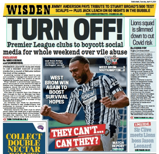 Daily Mail back page, 13/4/21 Premier League social media boycott