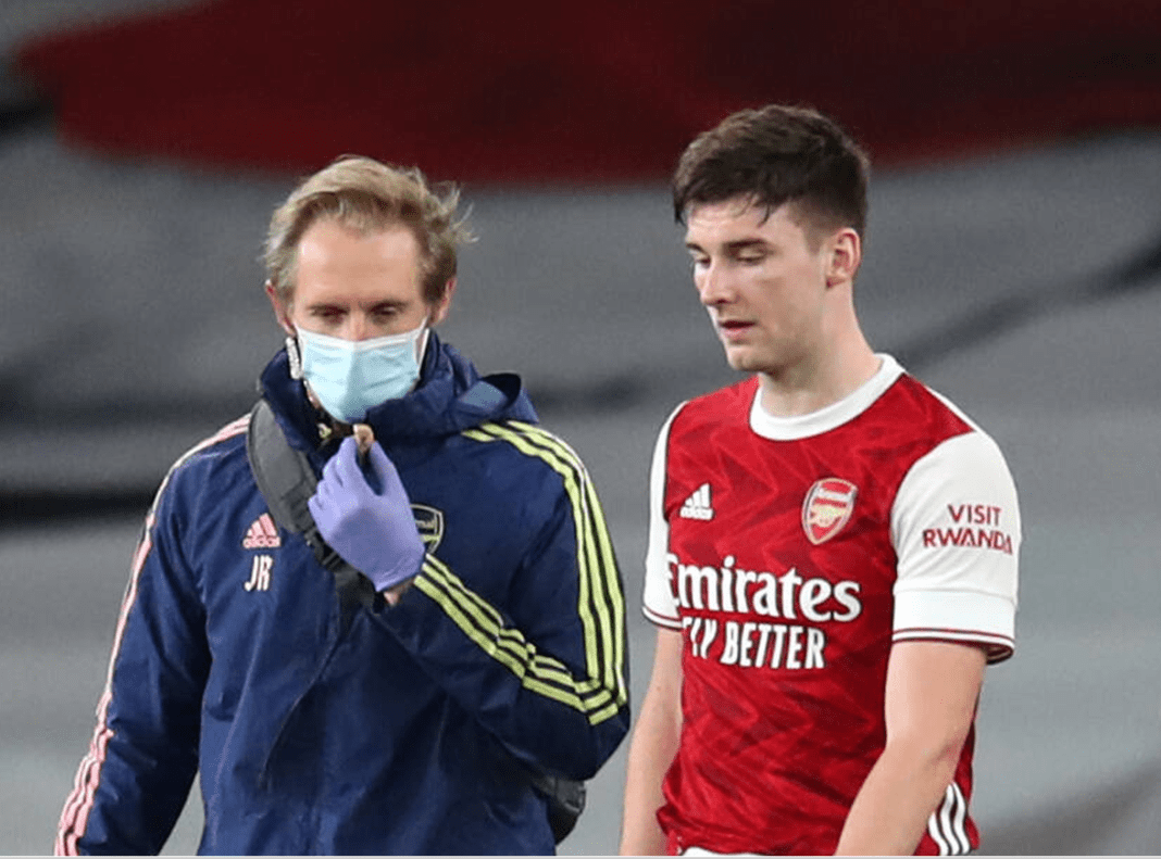Arsenal v Liverpool - Premier League - Emirates Stadium Arsenal s Kieran Tierney walks off the pitch with an injury during the Premier League match at The Emirates Stadium, London. Saturday April 3, 2021. Copyright: Catherine Ivill