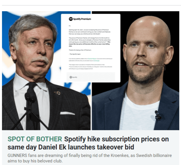 SPOT OF BOTHER Spotify hike subscription prices on same day Daniel Ek launches takeover bid, The S*n, 26 April 2021