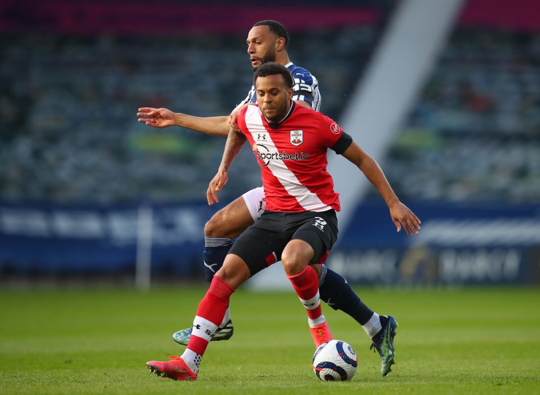 Southampton's Ryan Bertrand left and West Bromwich Albion's Matt Phillips battle for the ball during the Premier League match at The Hawthorns, West Bromwich. Picture date: Monday, April 12, 2021. Copyright: Catherine Ivill
